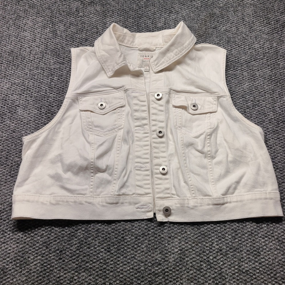 Torrid First At Fit Crop Vest Women 2 White Denim Cotton Button Front Sleeveless